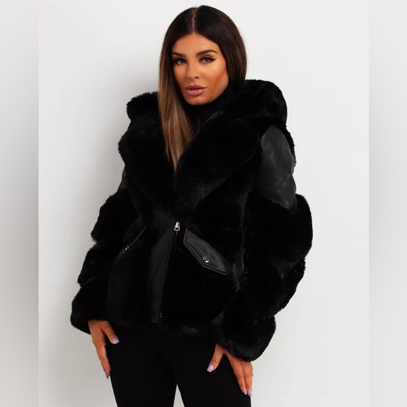 Luxurious Black Faux Fur Faux Leather Women's Jacket - Picture 13 of 13